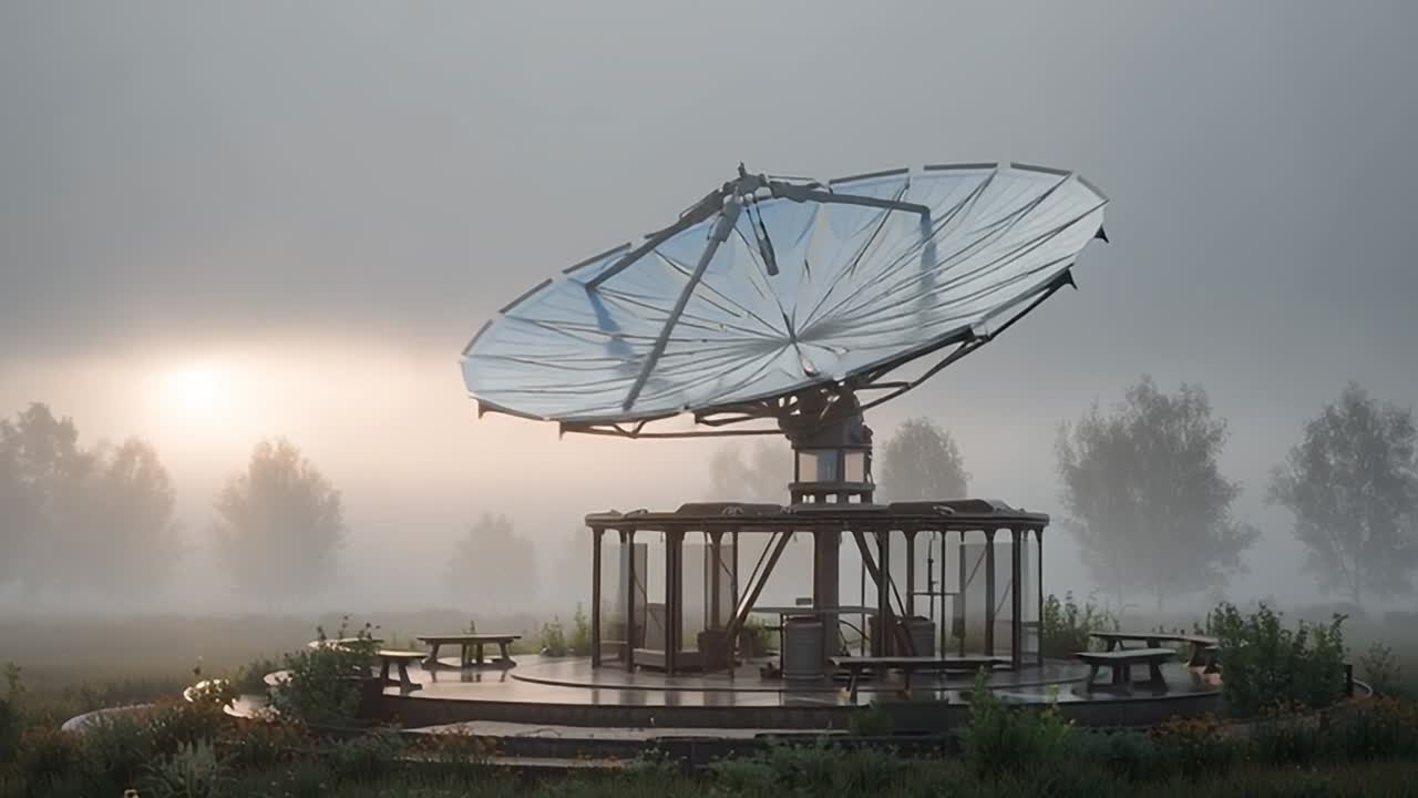 Schotelantenne staat in mistig landschap bij zonsopgang.