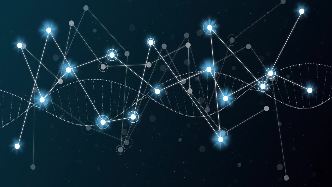 animación de una red de conexiones blancas brillantes sobre una cadena de adn sobre un fondo negro