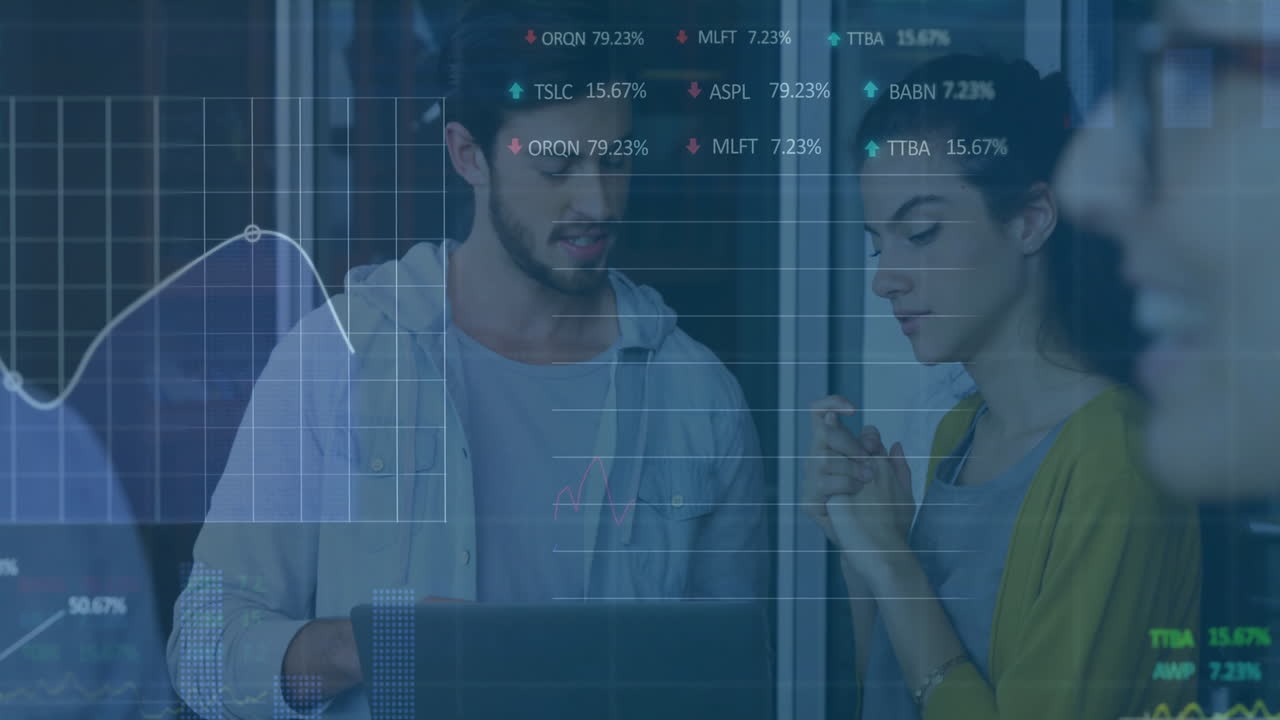 Animation of financial data processing over diverse business people in office