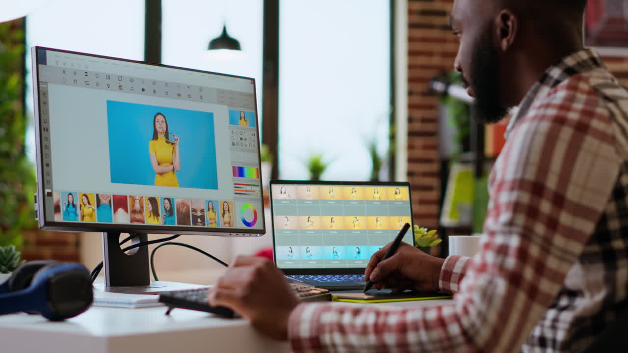 diseñador afroamericano trabaja con software de edición de fotos