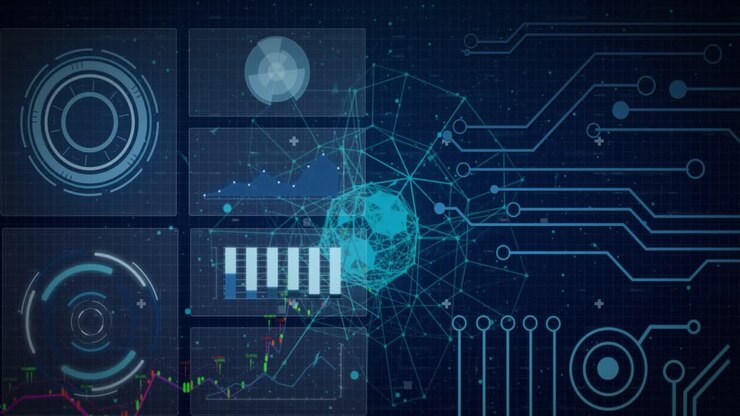 Animation of data processing with scope scanning and globe on black background