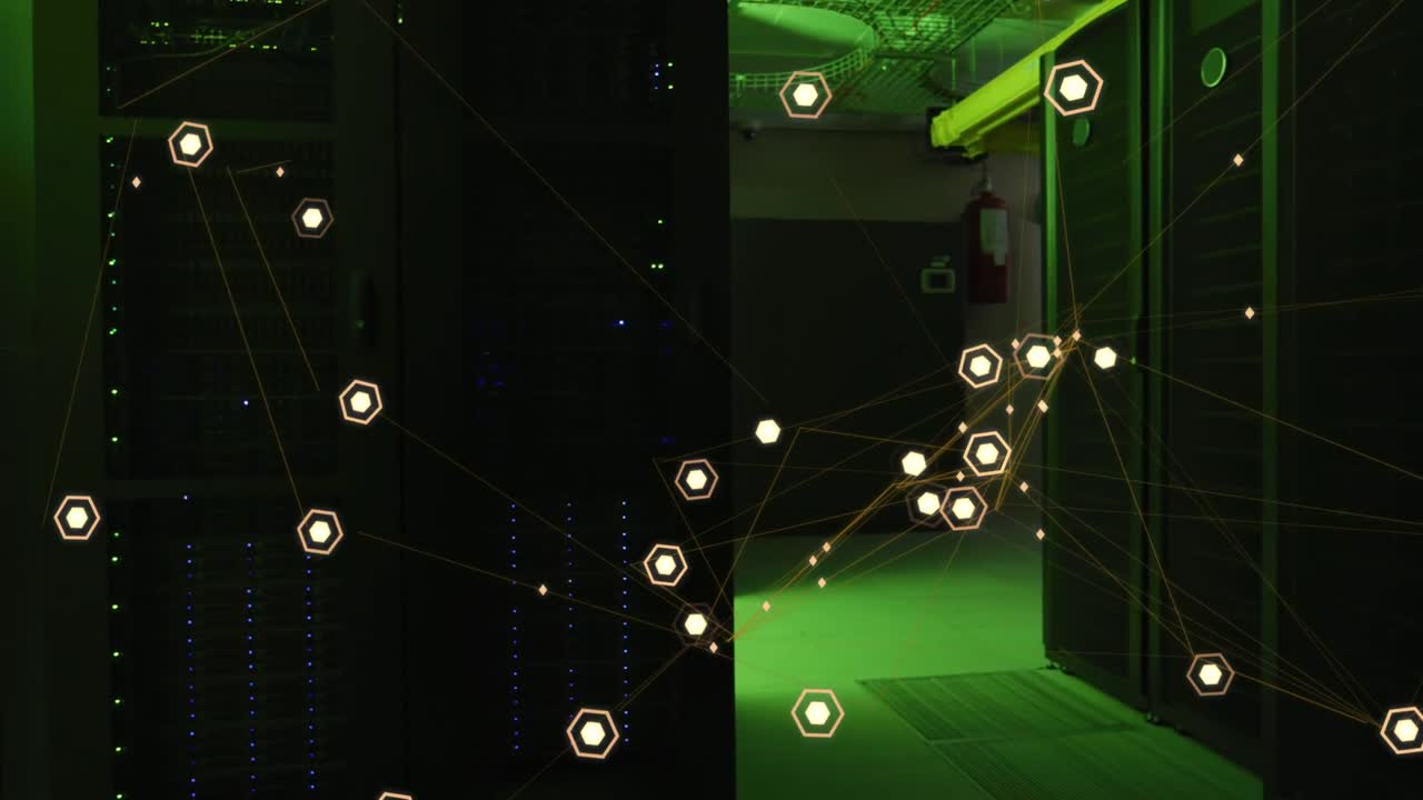 Showing server rack cabinets glowing with LEDs and animated hexagon nodes across dim corridor
