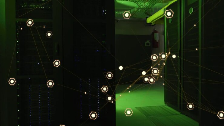 Showing server rack cabinets glowing with LEDs and animated hexagon nodes across dim corridor