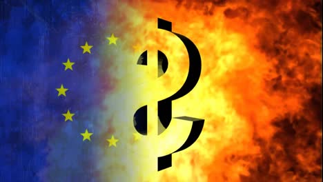 animation of american dollar symbol on fire over european union flag