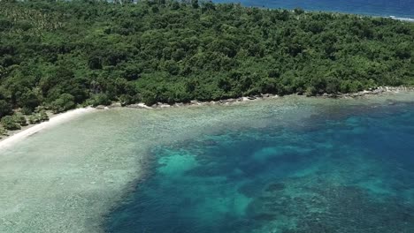 Drone-footage-over-green-forest-inland-and-beautiful-blue-ocean-water