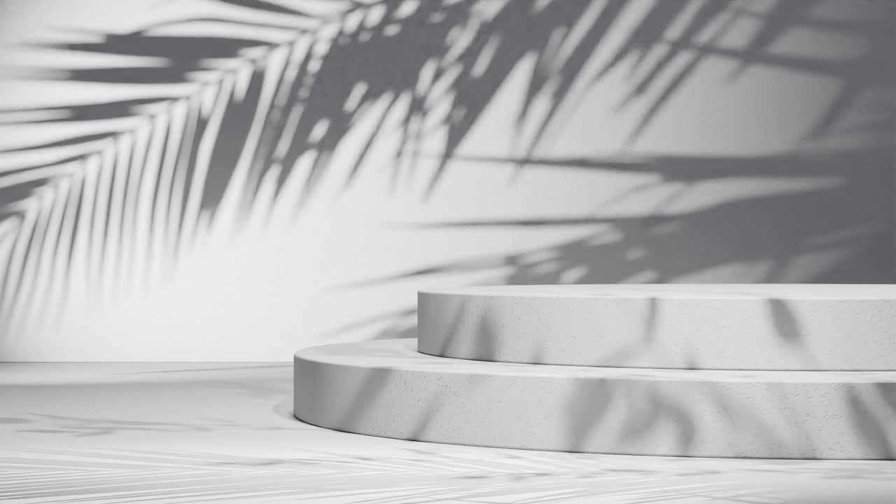 Minimal round podium with tropical palm leaf shadows on white background. Natural sunlight overlay in studio setting. Botanical and product display mockup. Design for banner, postcard.
