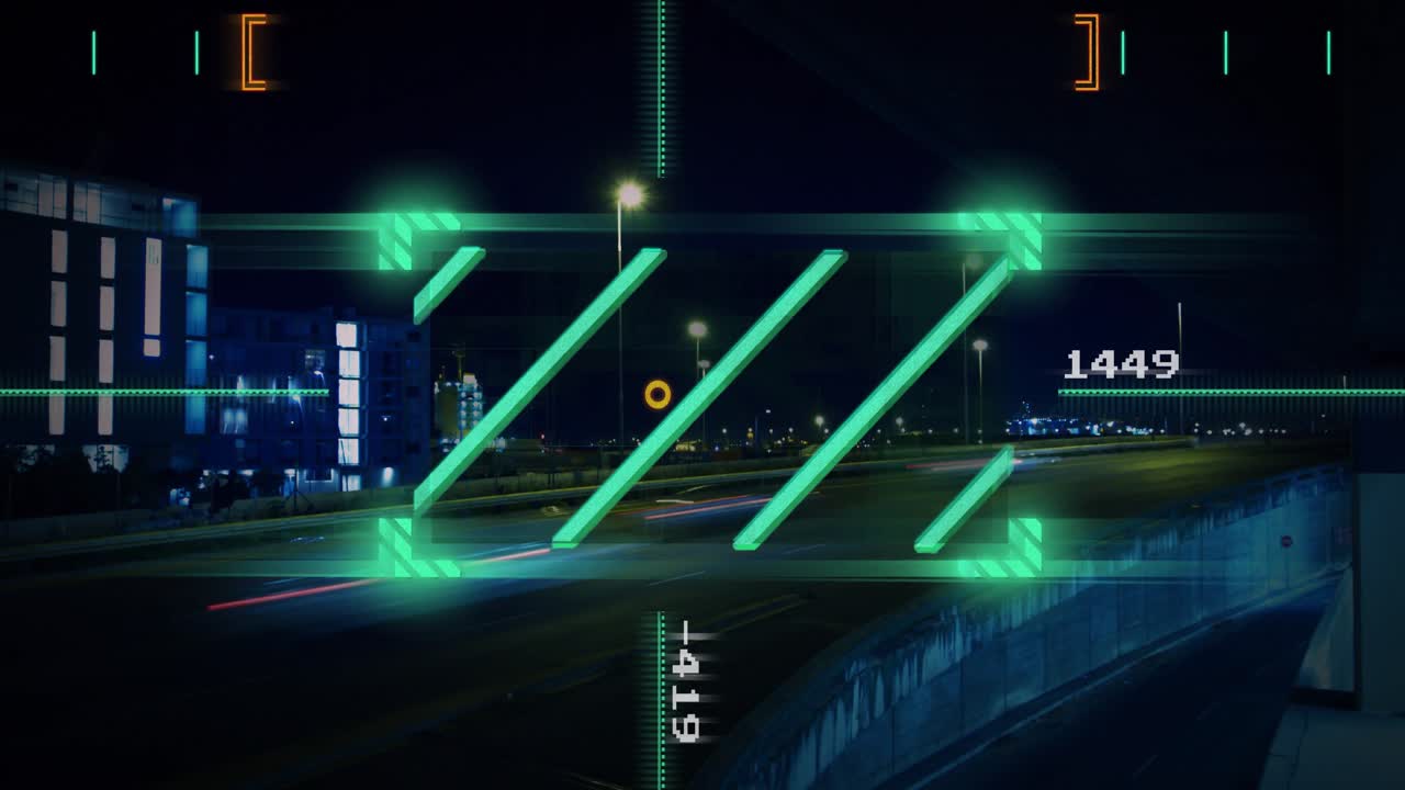Vehicle light trails initiating green HUD scanning, bars shrinking and expanding, tracking traffic