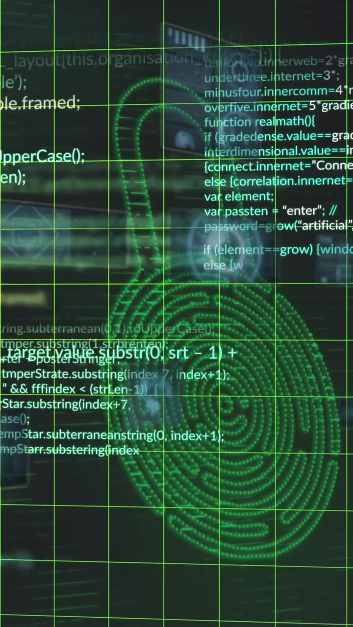 Animazione di scanner rotondi e elaborazione dati sopra un'icona di lucchetto per la sicurezza informatica.