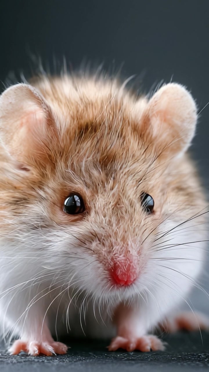 Primo piano di un adorabile topolino con pelliccia morbida, che evidenzia la sua espressione curiosa e gli occhi vivaci, mostrando i dettagli intricati delle sue piccole caratteristiche e dei baffi.