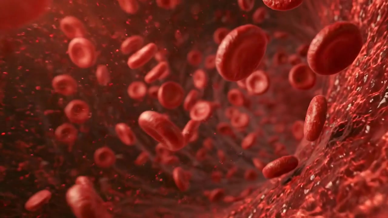 Red blood cells moving through a bright medical bloodstream visualization
