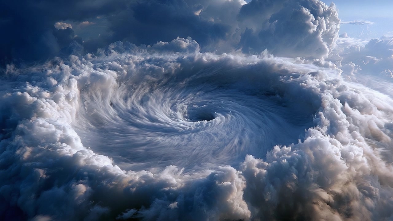 En dramatisk transformation af en hvirvlende skyformation fanget i to billeder: Fra en spiralformet cyklonisk enhed til et majestætisk atmosfærisk skuespil
