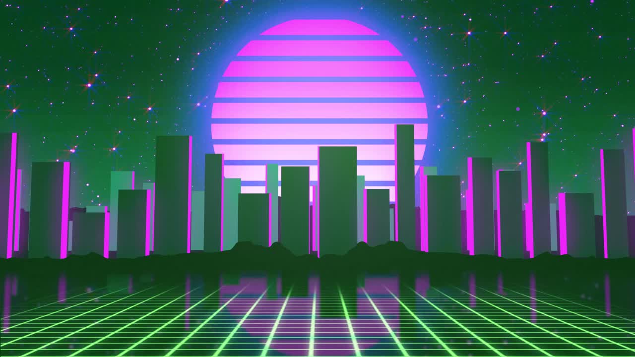 Paesaggio urbano synthwave rétro con griglia al neon e sole splendente