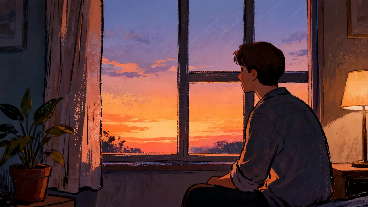 A solitary figure looking out a window at dusk