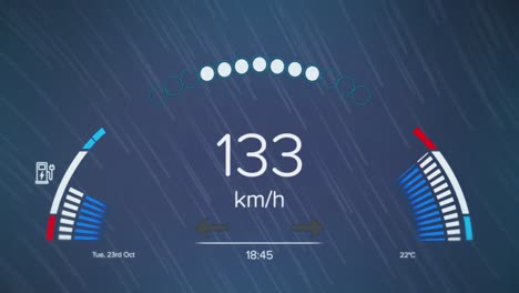 digital animation of speedometer over light trails falling against blue background