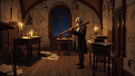 elder astronomer in a study at night
