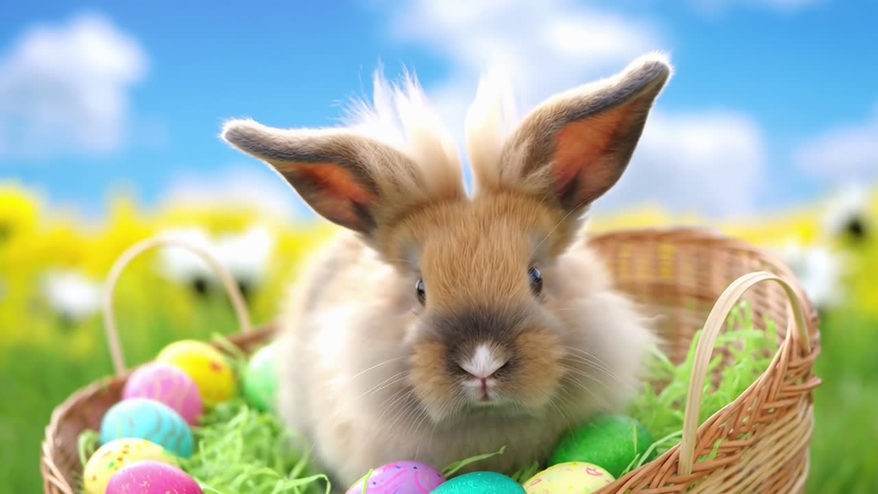Vídeo em close-up de um coelho fofo em uma cesta com ovos coloridos, filmado na altura dos olhos