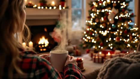 woman with long hair, holding a steaming mug, relaxes in a cozy living room by a warm fireplace, surrounded by a beautifully decorated christmas tree and soft blankets, creating a festive ambiance