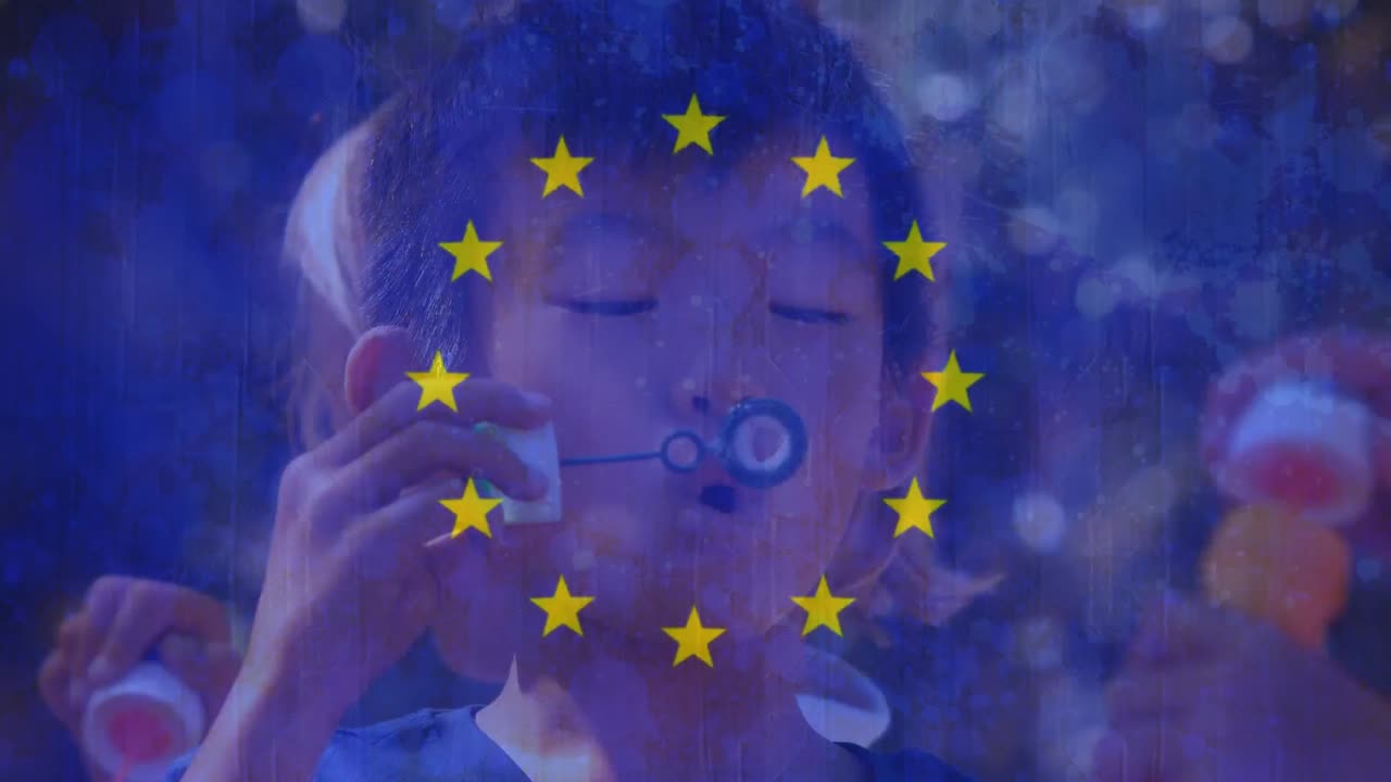 bandera de europa y niños soplando burbujas