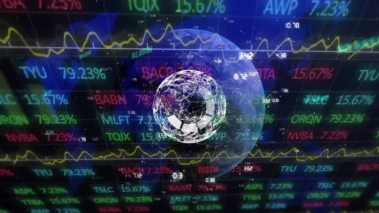 animación del globo con conexiones y procesamiento de datos financieros