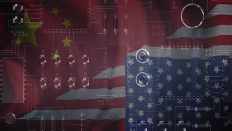 animation of circuit board over flag of china and united states of america