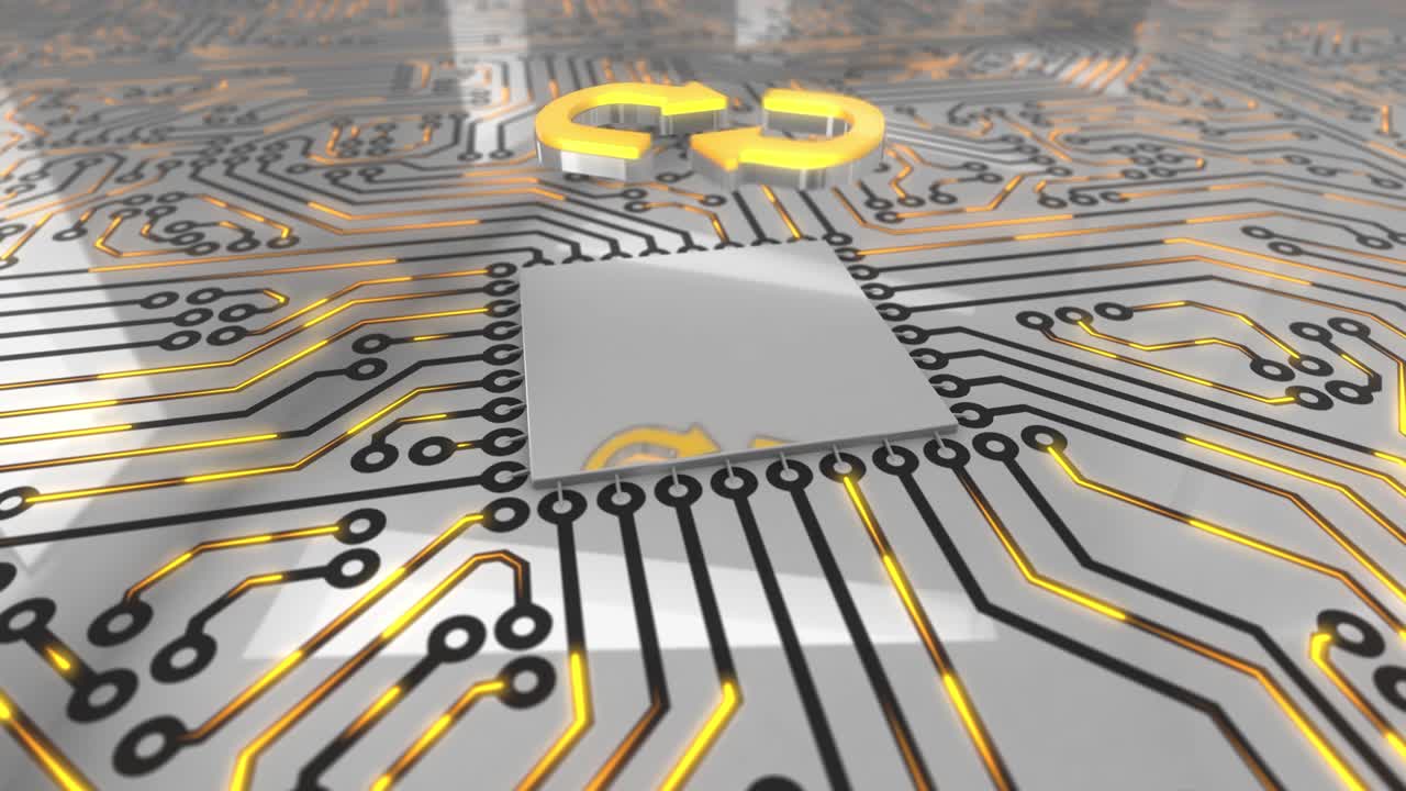 밝은 오렌지색 회전 컴퓨터 회로 보드 개념 교환 화살표 루프 4k