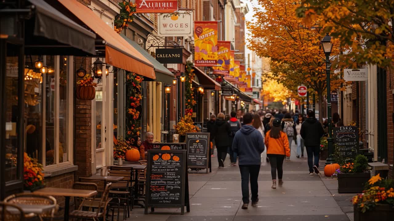 Vibrant Autumn Stroll Through a Picturesque Street Lined with Shops, Colorful Decorations, and Bountiful Pumpkins Creating a Cozy Community Atmosphere