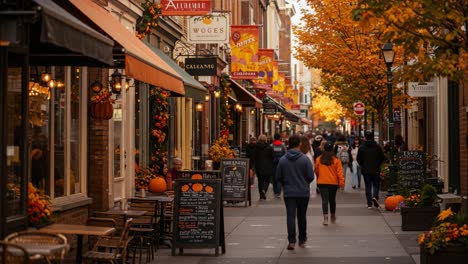 vibrant autumn stroll through a picturesque street lined with shops, colorful decorations, and bountiful pumpkins creating a cozy community atmosphere
