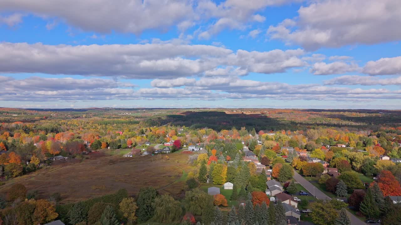 Aerial Flyover Of A Street In A Residential Neighbourhood Of Alton During Fall In Caledon, Ontario, Canada