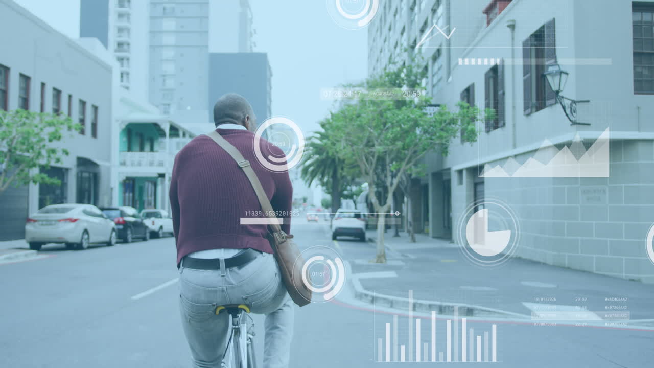 Animation of graphs, loading bars and circles over african american man riding bicycle on street