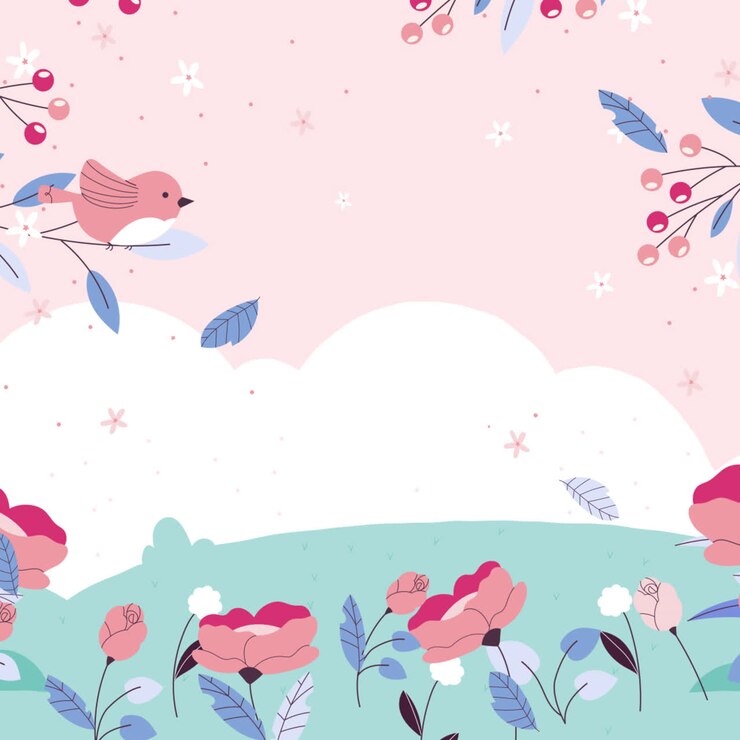 Cute Floral Spring Background with Birds and Flowers