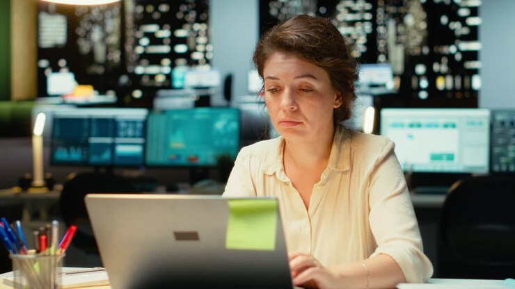 Vertical Video Tensed weary employee struggling with mental exhaustion and discomfort