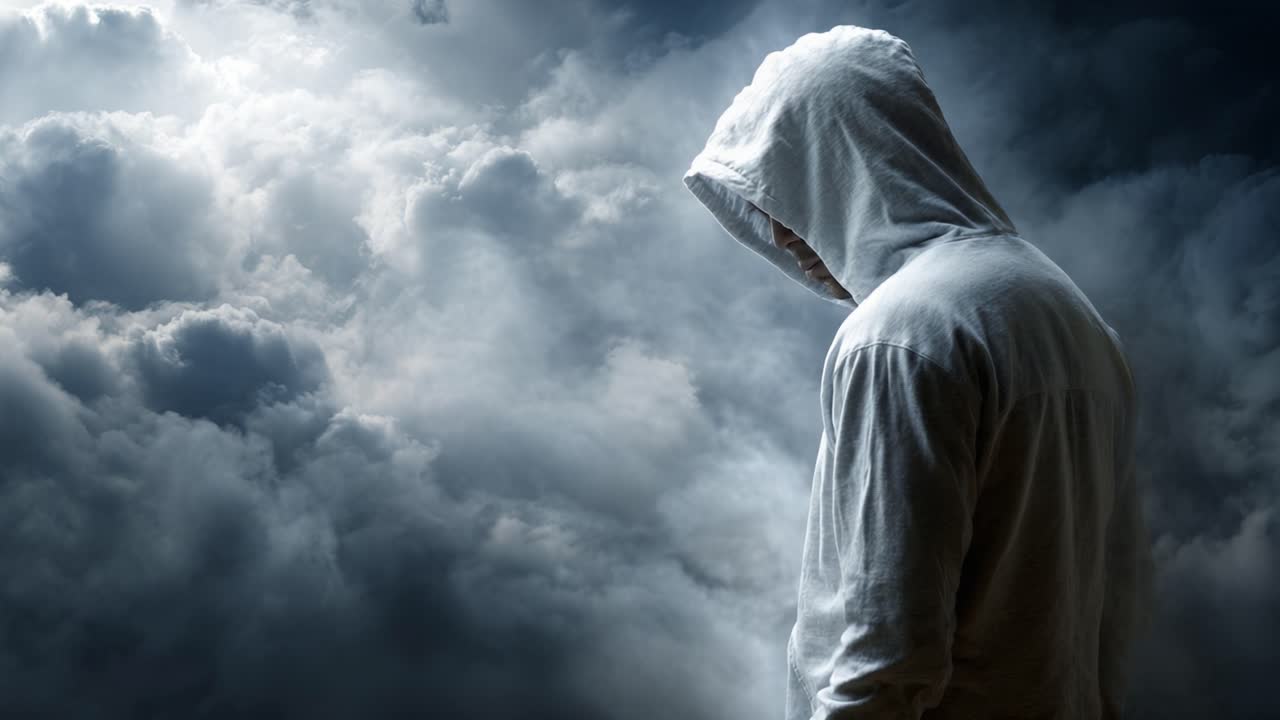 Una figura solitaria con una felpa con cappuccio si staglia contro un cielo drammatico pieno di nuvole vorticose, rappresentando l'introspezione e il peso dell'incertezza in un'atmosfera cupa.