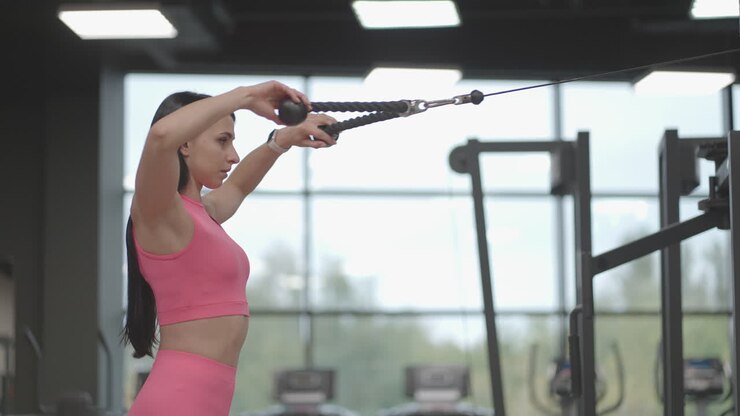 una mujer morena con un traje rosa tira de una cuerda en un entrenador de crossover a su pecho. entrenamiento de espalda en un entrenador. instructora profesional