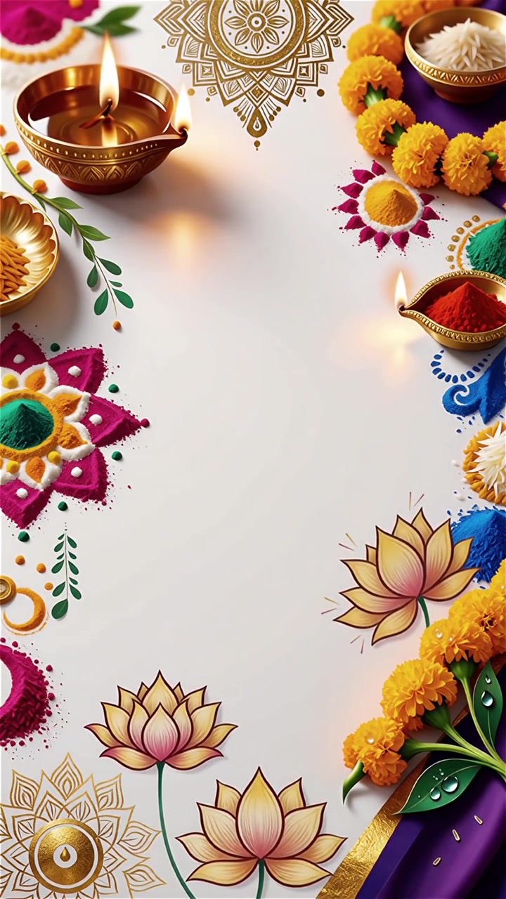 Sfondo Diwali con Diyas luminosi, Rangoli e fiori di loto
