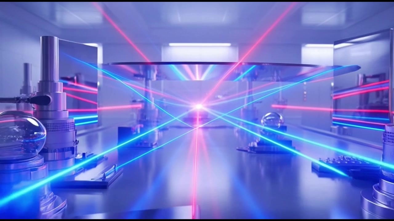 Esperimento avanzato di ottica laser in un laboratorio ad alta tecnologia