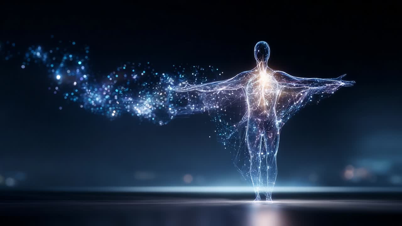A luminous figure emanates a mesmerizing burst of energy and light, symbolizing the fusion of technology and spirituality in a cosmic dance that envelops the observer in wonder and awe