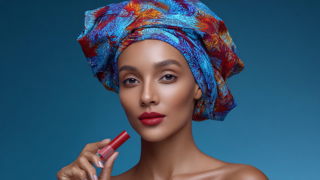 Stunning Portrait of a Woman with Vibrant Head Wrap and Bold Lip Color Showcasing Beauty and Elegance Against a Modern Blue Backdrop