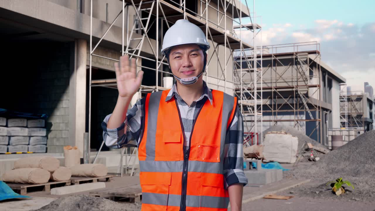 Asian Male Engineer With Safety Helmet Smiling To Camera And Waving Hand Saying Bye While Standing At Building & Construction Site in Progress to New House