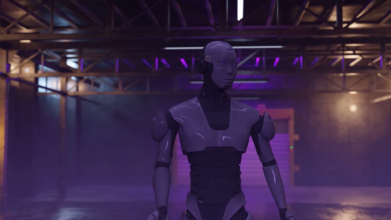 Humanoid robot standing in empty industrial warehouse with warm orange lighting. 3D rendering of artificial intelligence and robotics technology. Future automation and cybernetic system concept