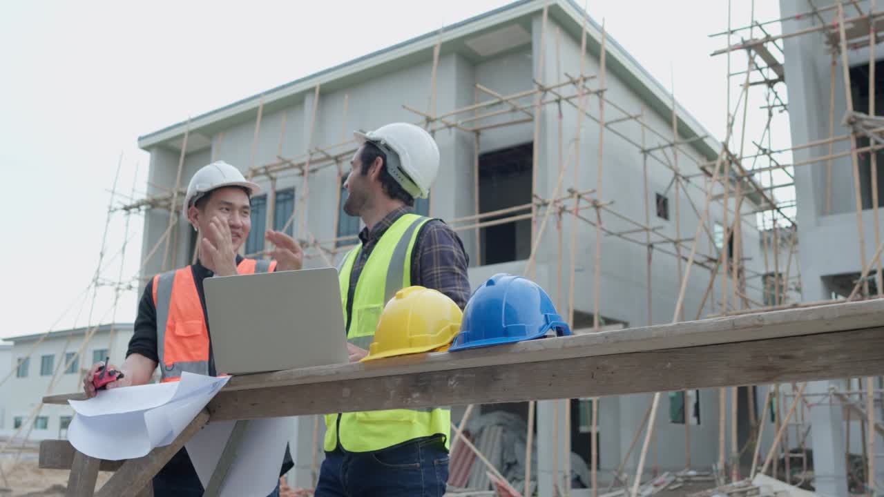 gerente profesional de ingenieros civiles masculinos o arquitectos y capataz, trabajador. mientras se reúnen discuten inspeccionar con computadora portátil, proyecto de construcción de planos en el sitio de construcción. concepto de construcción de bienes raíces.