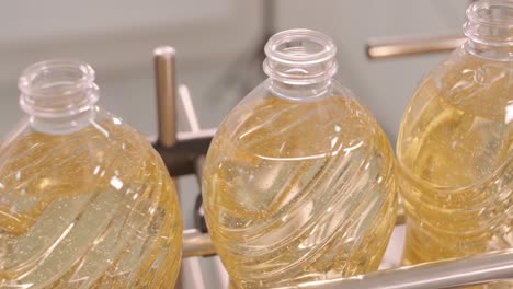 sunflower oil in the bottle moving on production line. bottling line of sunflower oil in bottles. vegetable oil production plant. high technology. industrial background