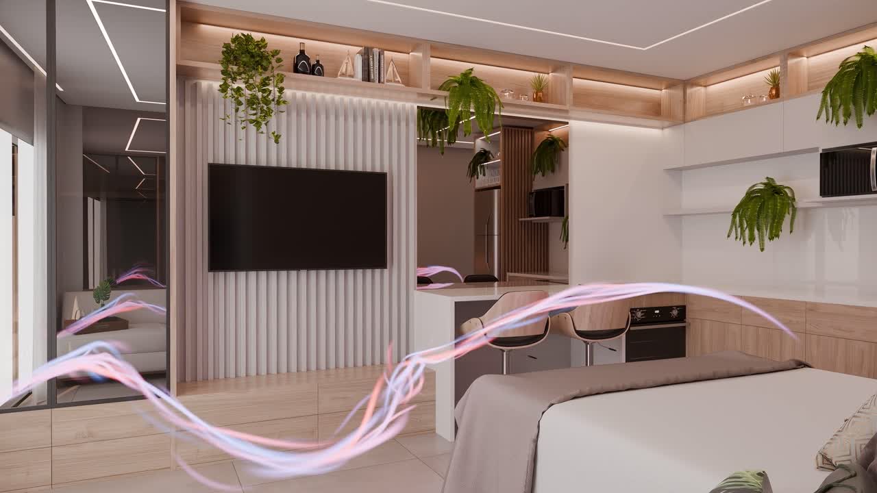 내장 가구, 벽에 장착 된 tv, 부 지역 및 장식적인 매달린 식물과 함께 현대적인 스튜디오 아파트 인테리어.