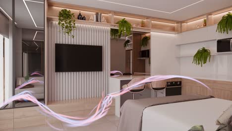 modern studio apartment interior with built-in furniture, wall-mounted tv, kitchen area, and decorative hanging plants. contemporary design with wood accents and integrated lighting.