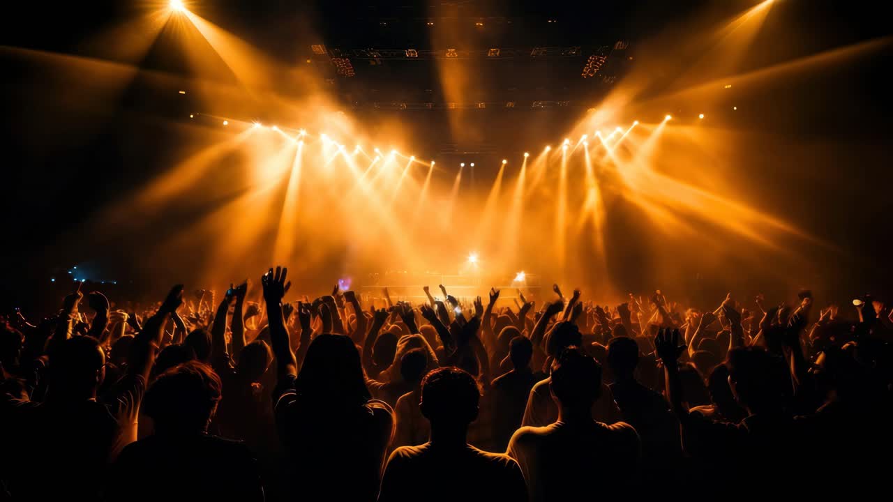 Escena dinámica de concierto con una vista en ángulo bajo de una multitud levantando las manos bajo luces de escenario vibrantes
