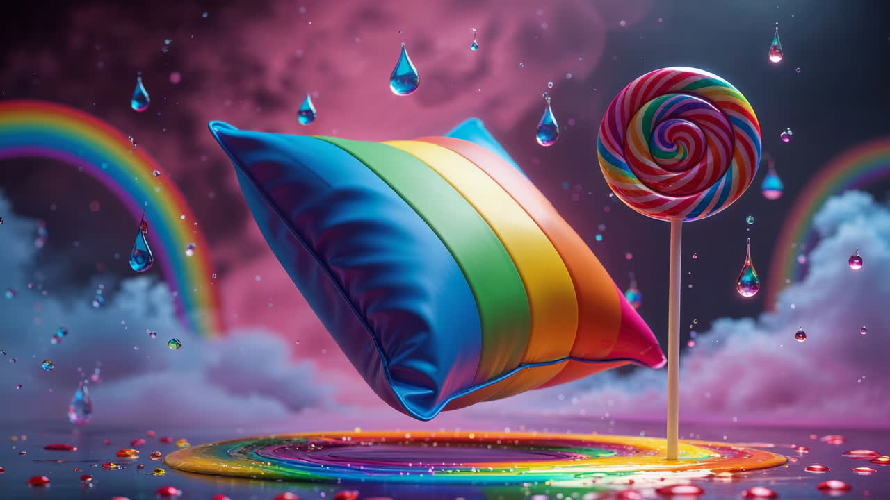 Whimsical Rainbow Lollipop and Pillow Fantasy Scene