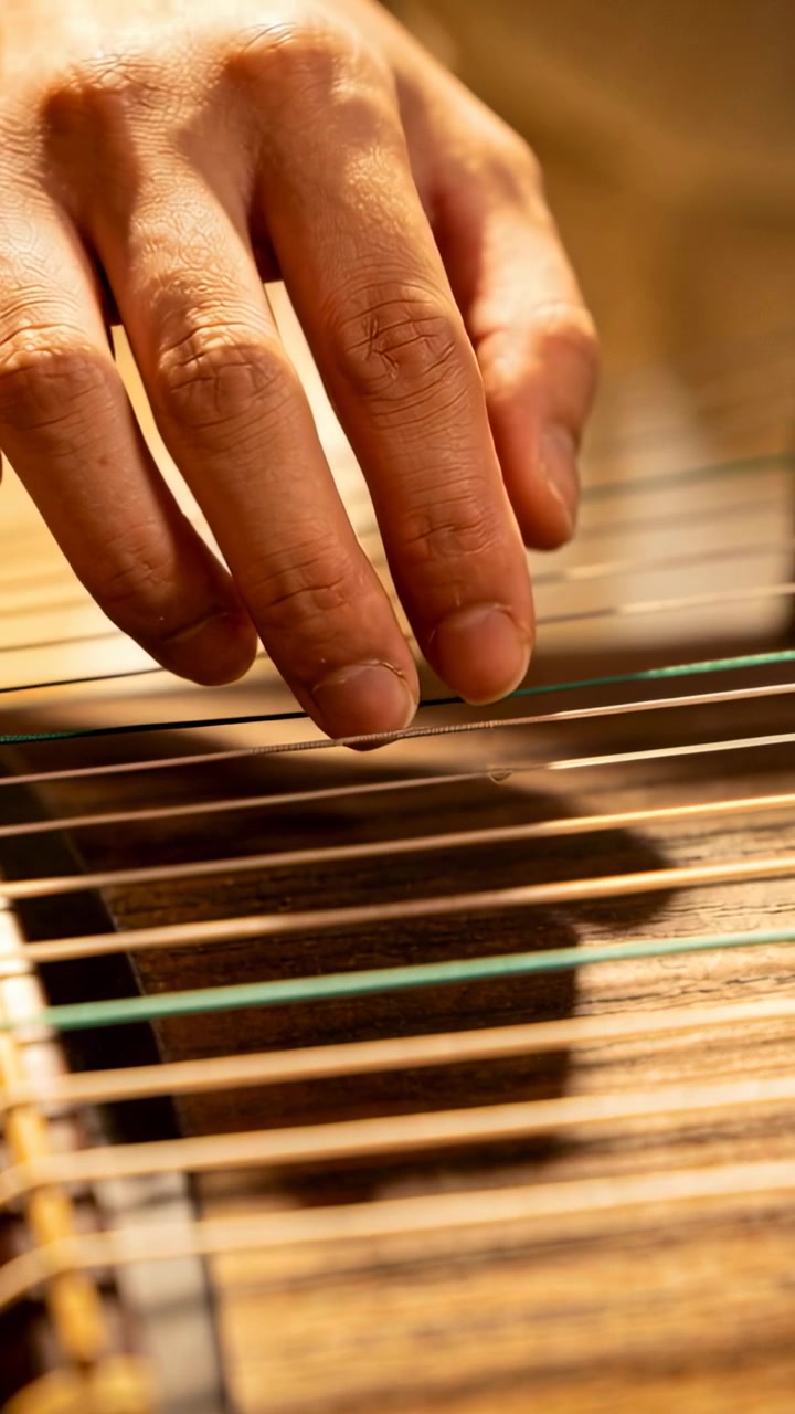 Video verticale: Una mano si libra e poi scende, pizzicando le corde di una cetra in uno studio accogliente, creando musica.