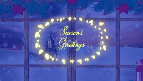 animation of seasons greetings text at christmas over winter scenery and snow falling