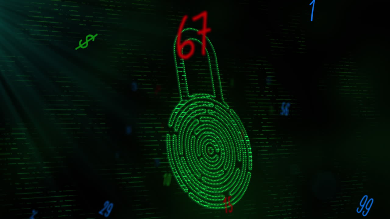 animación de números y candado de conexiones sobre fondo negro