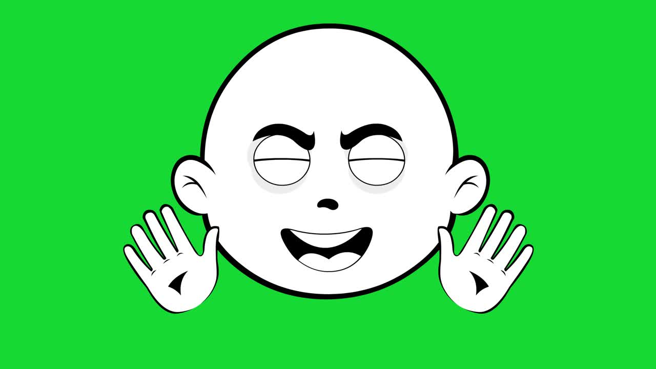 animación en bucle de la cara de un personaje de dibujos animados calvo, agitando las manos, dibujado en blanco y negro