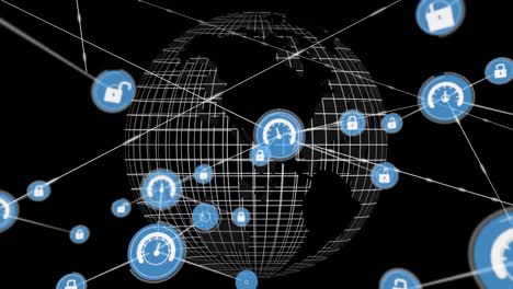 Animation-of-network-of-connections-with-icons-and-globe-on-black-background